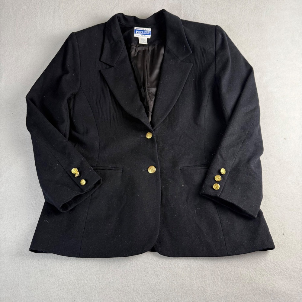 Pendleton Women's Black 100% Virgin Wool Blazer Gold Crest Button Jacket Size 10